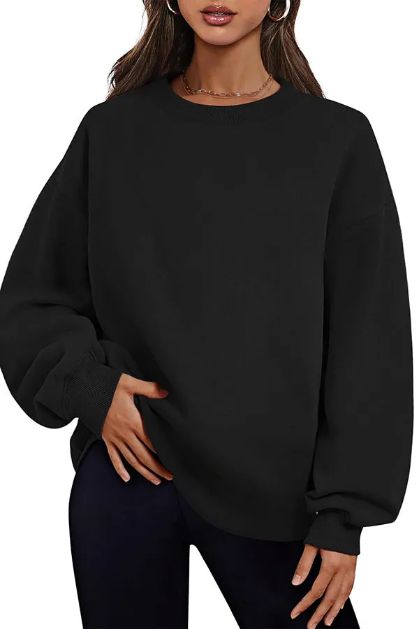 Solid Color Round Neck Pocket Loose Warm Long Sleeve Sweatshirt