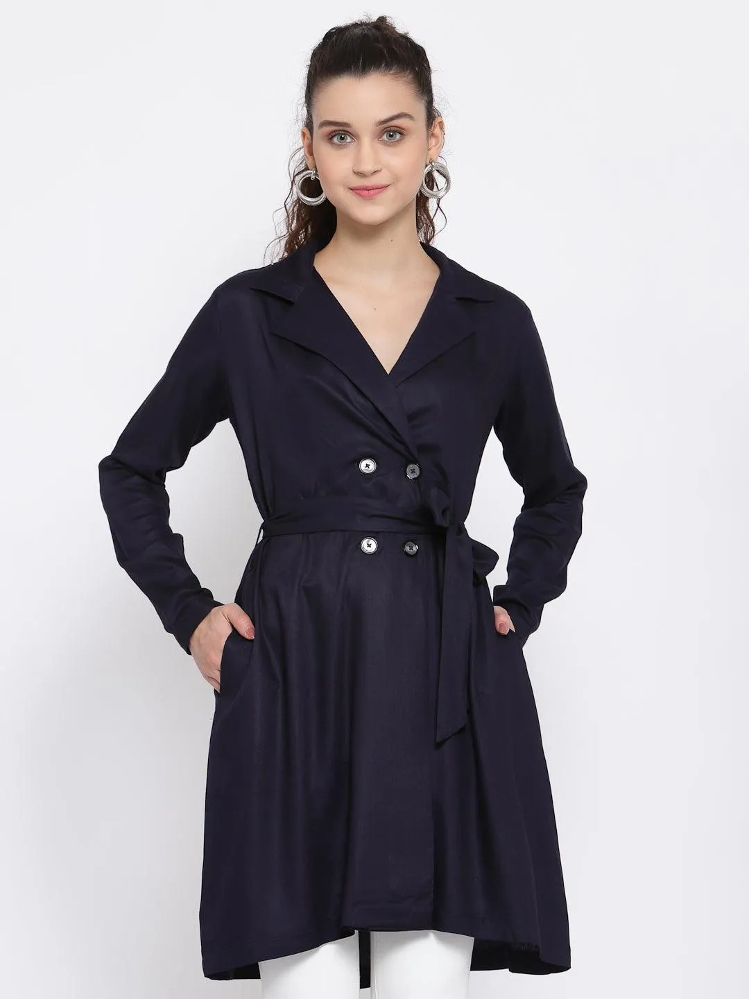 Women Solid Double-Breasted Knee-Length Trench Coat