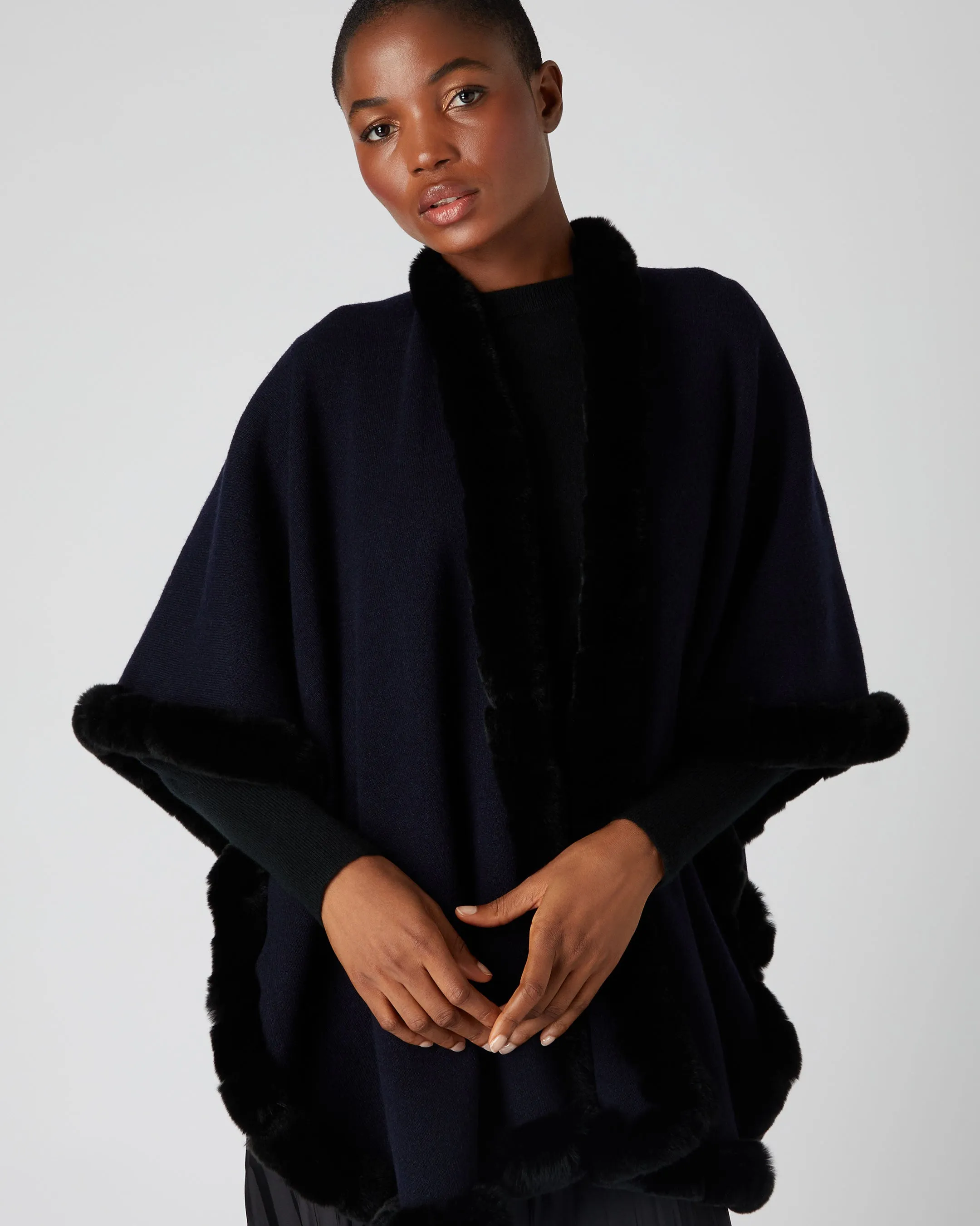 Women's Ayla Fur Trim Cashmere Cape Navy Blue