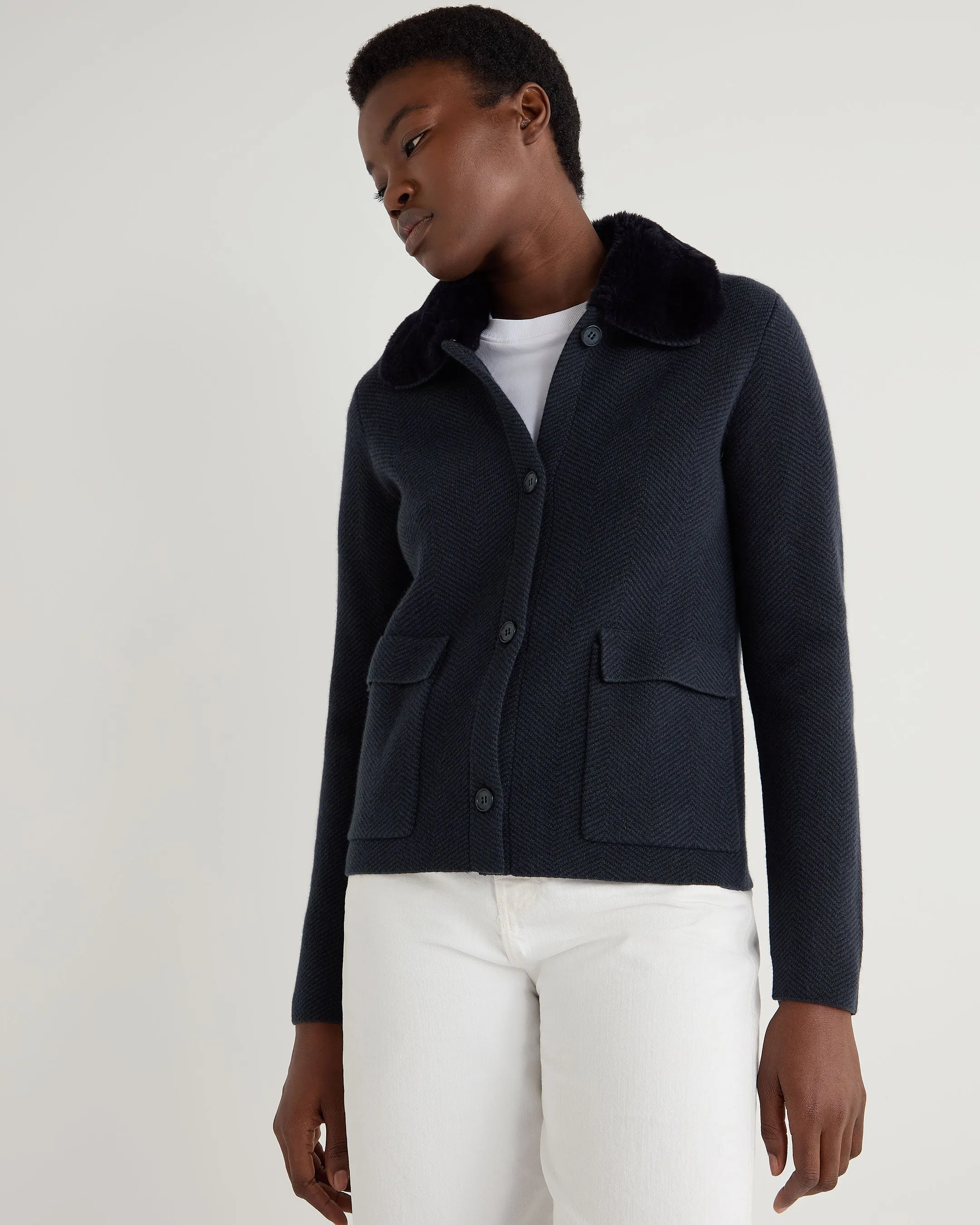 Women's Herringbone Cashmere Jacket with Fur Trim Navy Blue