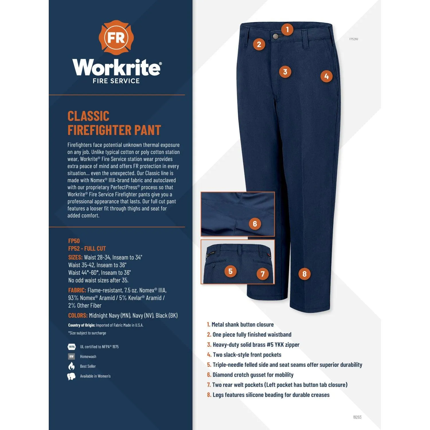 Workrite Classic Firefighter Pant Full Cut Midnight Navy